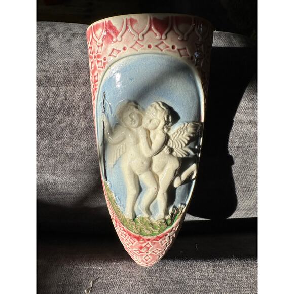 Vintage Ceramic Cherub Angel Wall Pocket Vase 6.5 pink blue Made in Japan - Picture 11 of 14